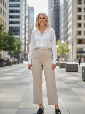 Nine West Beige Wide-Leg Cropped Trousers